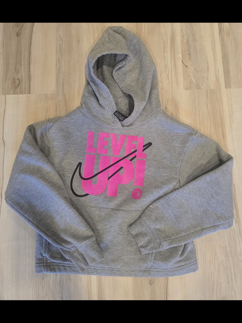 Nike Kids' Grey Hoodie with Pink 'LEVEL UP!' Graphic